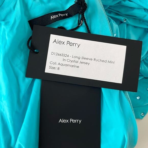 Alex Perry Crystal Embellished Ruched Jersey Long Sleeve Blue Mini Dress Sz 4 - Picture 13 of 15